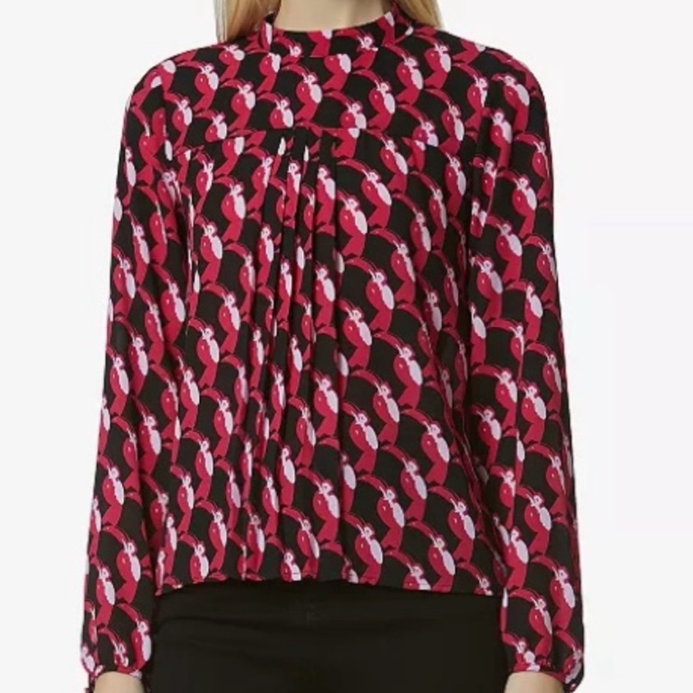 AVEC LES FILLES - Blouse Large Pink Toucan Birds Front Pleats Button Cuffs